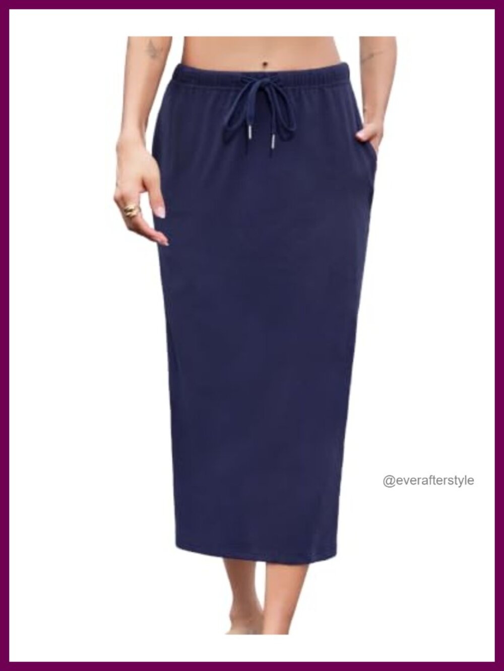 Maxi Pencil Skirt Drawstring Waist Side Slit Pockets Cotton Blend